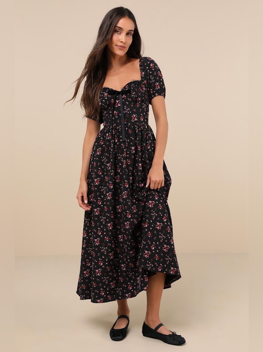 Lulus Lovely Reputation Black Floral Puff Sleeve Bustier Midi Dress